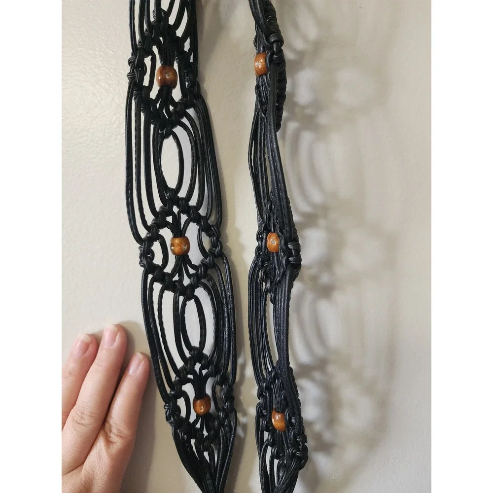 Mudd Vintage Macrame Belt Black Wood Bead Boho Tie Closure B621M S/M NWT